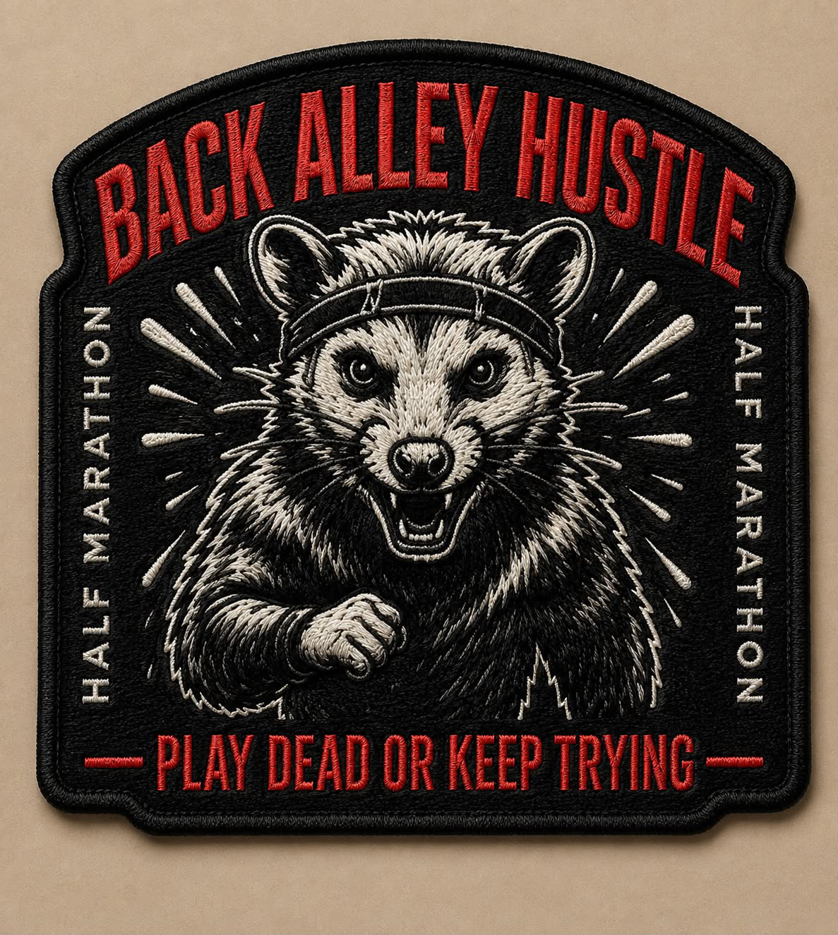Back Alley Hustle opossum event patch in red, black, and bone