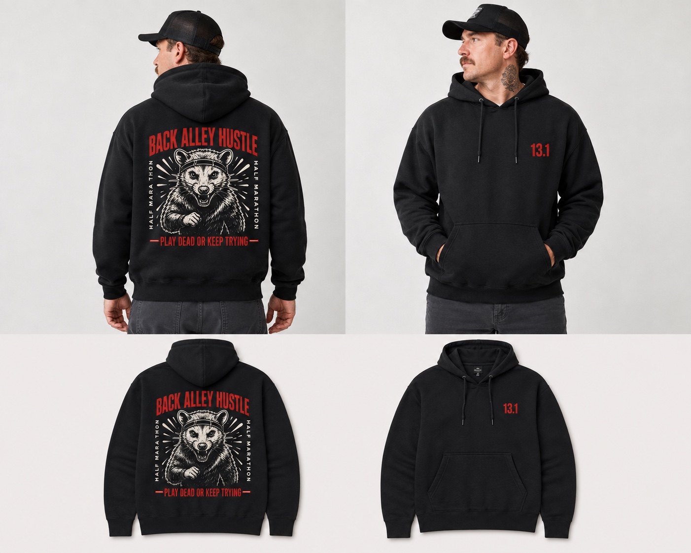 Black pullover hoodie shown front and back with red 13.1 and Back Alley Hustle opossum artwork