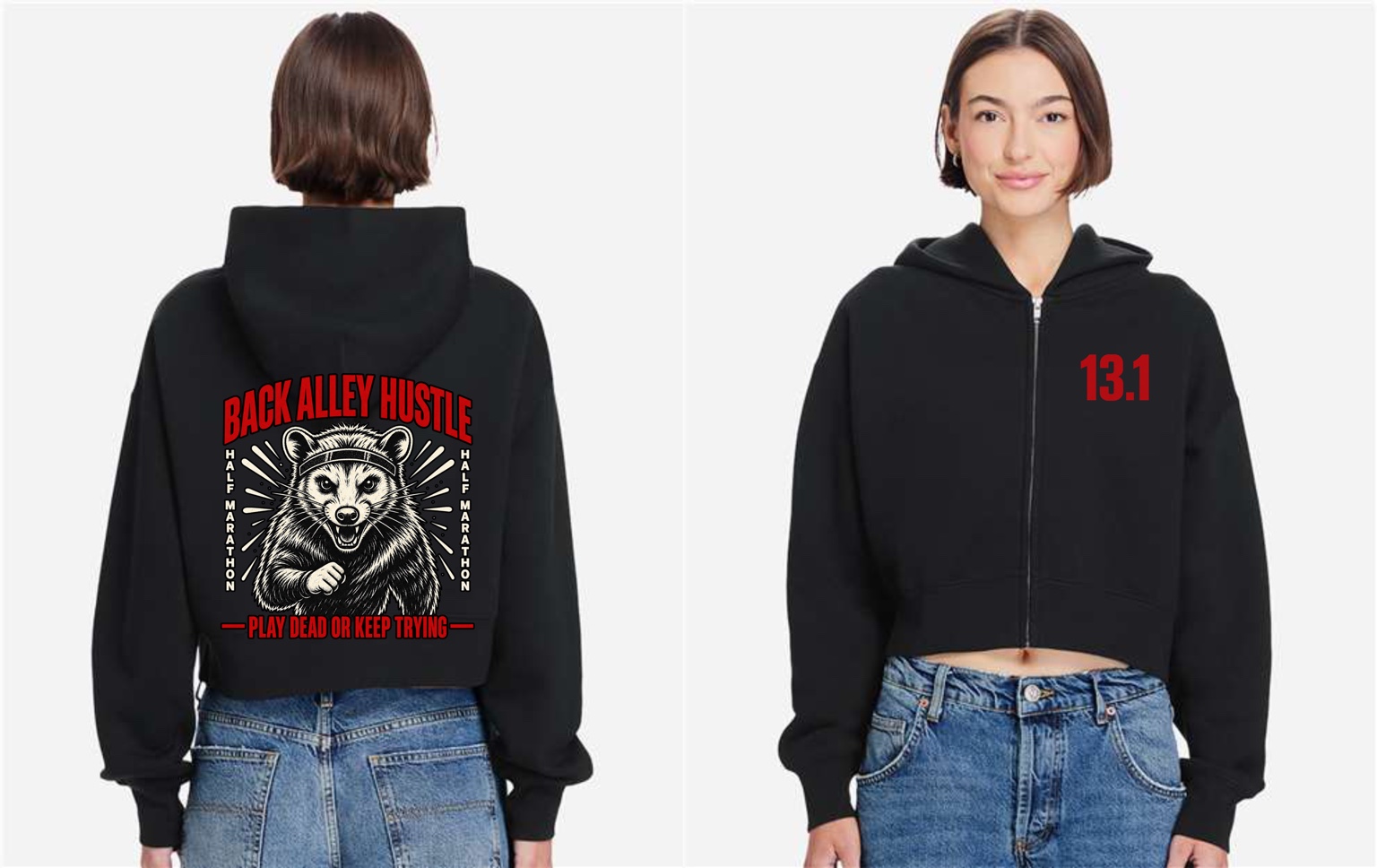 Black cropped zip hoodie, front with red 13.1 print and back with Back Alley Hustle opossum design