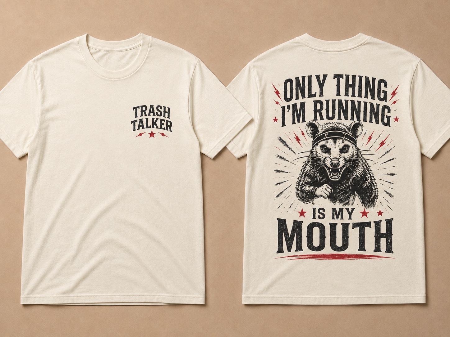 Cream Trash Talker T-shirt shown front and back, with opossum and Only Thing I’m Running Is My Mouth design